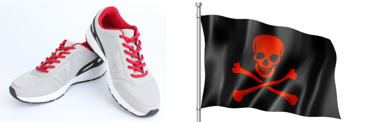 Symbolbild Produktpiraterie mit Turnschuhen und eine Piratenflagge Jolly Roger