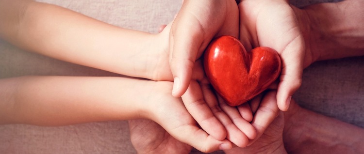 Viele Hände halten ein rotes Herz aus Holz als Symbol der Hilfe