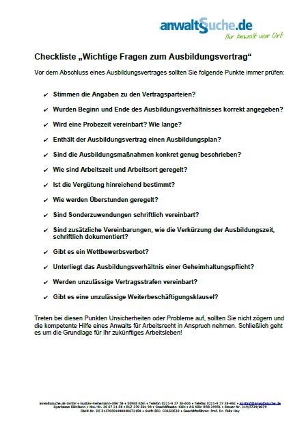 Formular Checkliste Ausbildungsvertrag