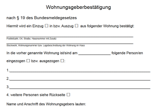 Formular Wohnungsgeberbestätigung / Vermieterbescheinigung