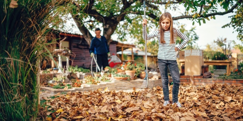 Mädchen recht Herbstlaub im Garten