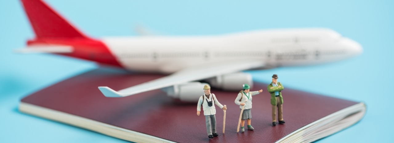 Flugzeug und Reispass mit Miniaturfiguren