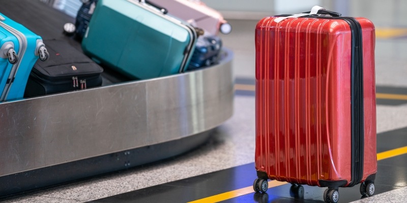 roter Rollenkoffer neben Gepäckband am Flughafen